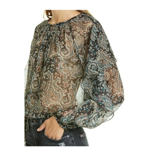JOIE Kriston Paisley ruffle chiffon blouse black sheer whimsigoth L flowy caviar - Picture 6 of 13